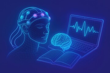 Obraz premium Human brain waves monitored through advanced neurotechnology with visual representation of cognitive engagement and advanced analytics displayed on a laptop in an immersive digital environment