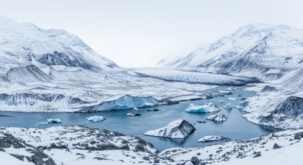 Breathtaking aerial view of majestic glaciers and icy landscapes in a frozen valley, surrounded by snow-capped mountains