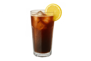 Refreshing iced dark drink with lemon slice and melting ice cubes, offering a cool beverage experience