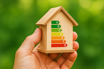 Hand holding eco friendly wooden house model with colorful energy efficiency rating scale