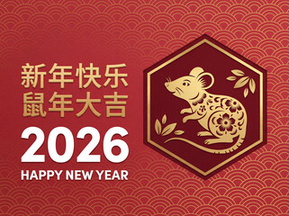 Happy chinese new year 2026, year of rat with lantern and asian ornament background