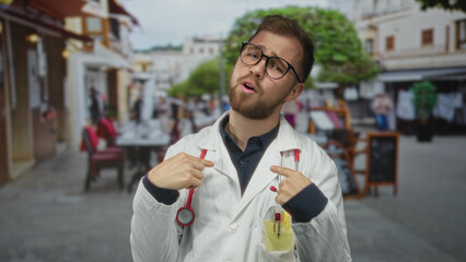 Man in labcoat with stethoscope pointing to chest on a street cafe terrace with chalkboard and...