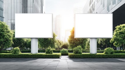 Two blank billboard mockups in urban park setting, perfect for advertising and promotional campaigns