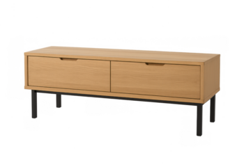 Wooden media console with two drawers and black legs, modern minimalist furniture for living room storage
