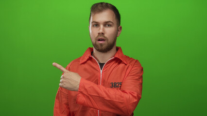 Prisoner man in orange jumpsuit pointing finger to the side in green studio with visible hand gesture and open mouth; surprise thought.
