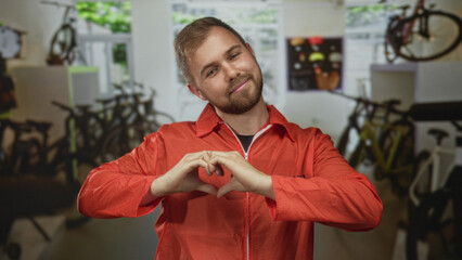 Man in orange jumpsuit with inmate number on chest points finger at camera inside a bike shop building, surrounded by bicycles; defiance.