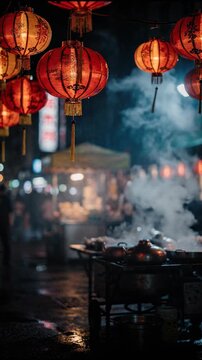 Vertical shot of a vibrant street illuminated by traditional red Chinese lanterns, creating a festive atmosphere for Lunar New Year celebration.