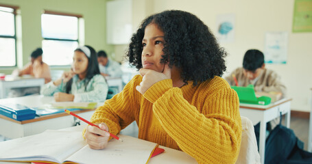 Obraz premium Thinking, education and quiz with girl in classroom for idea, child development and knowledge. Studying, assessment and academy with student on school campus for problem solving, learning and exam