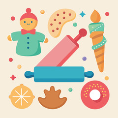 Fototapeta premium Vibrant dessert and baking essentials: cookies, donut, gingerbread, rolling pin isolated on white background