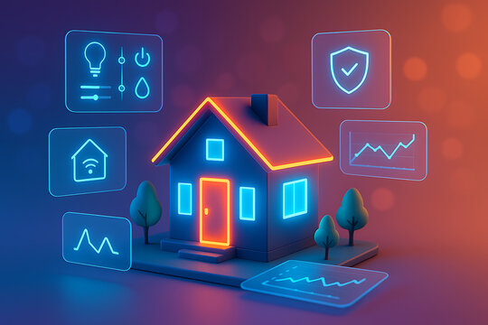 Innovative smart house with holographic futuristic neon technology icons for safety digital utilities connectivity network and smart device integration