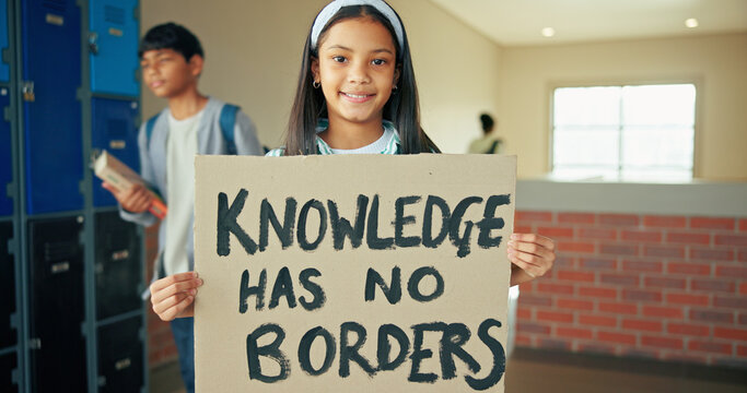 Portrait, school and girl with banner, protest and education with placard, activism and study. Learning, student and child development in hallway, basic rights and sign with promote equality or smile