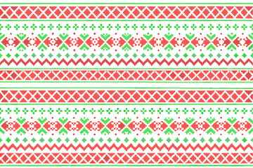 Festive christmas sweater pattern with red diamonds green snowflakes and zigzags in pixel art style