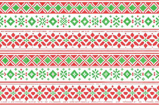 Detailed pixelated christmas sweater pattern with red and green geometric shapes and floral elements design