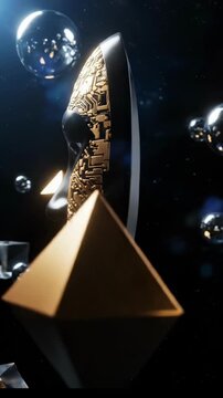 Vertical seamless loop animation of a black cyborg mask with golden circuit patterns surrounded by floating spheres on a deep blue background, illustrating artificial intelligence mystery
