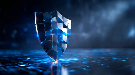 Futuristic 3D crystal shield made of metallic glass panels, glowing with blue light above a digital grid floor, symbolizing cybersecurity, data protection, and advanced network defense.