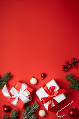 Christmas flat lay background on red.