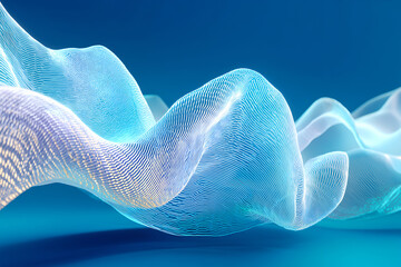Light cyan wire mesh waves forming a fluid abstract landscape on blue background, modern illustration for AI, data and digital technology concepts.