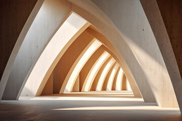 Abstract interior with tall concrete arches and warm sunlight, minimal architectural passage creating rhythm, depth and soft shadows for modern design concepts.