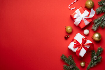 Christmas flat lay background on red.