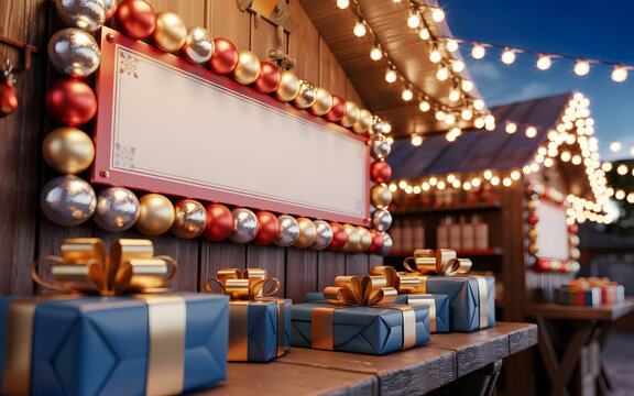 Festive christmas market stall with blue gift box present and empty sign for text