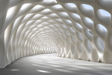 Futuristic white parametric tunnel with organic grid shell and skylight openings, soft daylight patterns on the floor, ideal abstract architecture background.