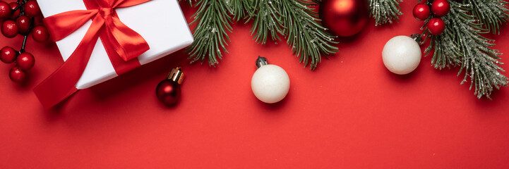 Christmas flat lay background on red.