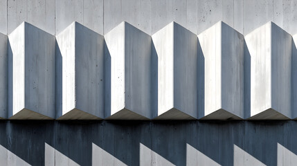 Brutalist concrete facade with repeating zigzag volumes and sharp sunlight, minimal geometric architecture background for graphic design.