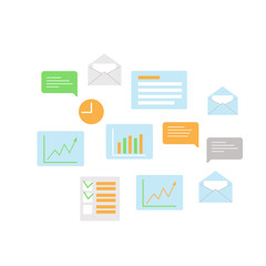 Communication and Data Analysis Icons with Graphs, Lists, Envelopes, Clock, and Speech Bubbles for Productivity Themes