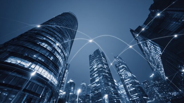 Futuristic Cityscape with High-Rise Buildings and Digital Network Connections at Night, Representing Modern Technology