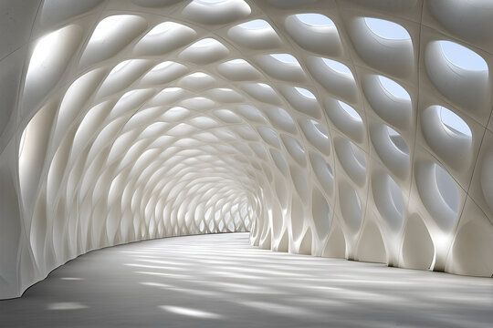 Futuristic white parametric tunnel with organic grid shell and skylight openings, soft daylight patterns on the floor, ideal abstract architecture background.