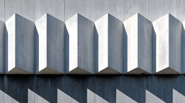 Brutalist concrete facade with repeating zigzag volumes and sharp sunlight, minimal geometric architecture background for graphic design.