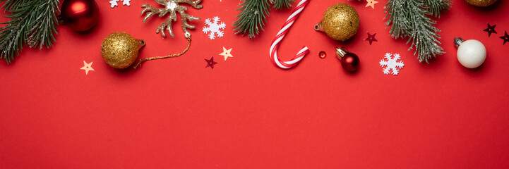 Christmas flat lay background on red.