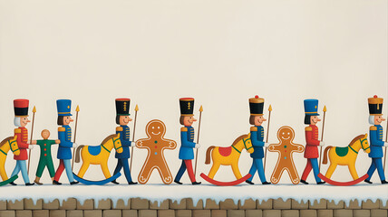 Row of colorful wooden toy soldiers, gingerbread men, and rocking horses marching