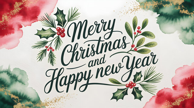 Watercolor style merry christmas and happy new year greeting card with holly border - Powered by Adobe