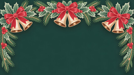 Christmas garland with golden bells, red bows, and holly decoration border