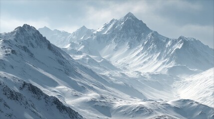 Fototapeta premium Majestic Snowy Mountain Range Under a Cloudy Sky: Untouched Winter Wilderness Scenery