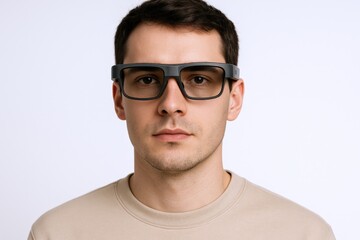 Fototapeta premium Man Wearing Smart Glasses, Displaying Augmented Reality Technology and Advanced Connectivity for Modern Lifestyle