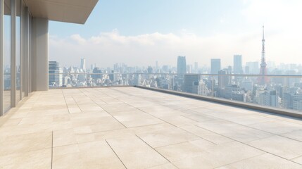Fototapeta premium Modern Apartment Terrace with Panoramic City View, Featuring Sleek Design and Urban Landscape on a Sunny Day