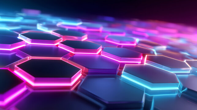 Futuristic neon hexagonal glass tiles forming a glowing geometric grid, abstract technology background symbolizing digital networks, blockchain systems, and advanced user interfaces.