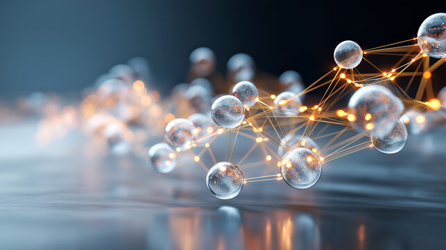 Glass spheres connected by glowing lines forming a futuristic network above a reflective surface, abstract illustration of neural networks, AI and digital data connections.