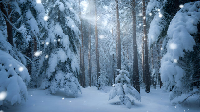 Magical winter forest scene with snowcovered pine trees and falling light particles