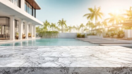 Fototapeta premium Luxury Villa Poolside Marble Countertop Mockup with Tropical Backdrop, Ideal for Product Display and Summer Promotions