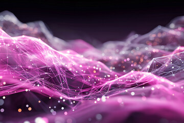 Vibrant pink neural mesh network with glowing nodes and particles forming flowing waves on dark background, futuristic abstract illustration for AI, data and digital technology.