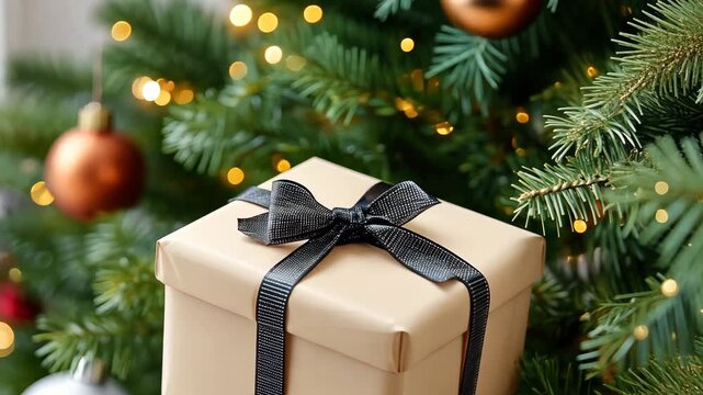 Decorative gift box hanging on a Christmas tree with festive lights and ornaments in the background
