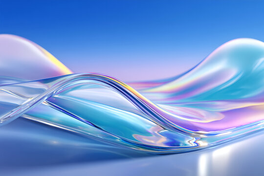 Soft abstract background with iridescent liquid glass waves and pastel blue gradient sky, ideal for modern design, wellness or technology visuals.