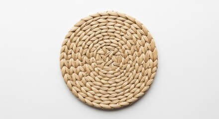 Circular straw placemat isolated on white background handwoven natural fiber design