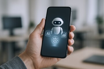 Hand Holding Smartphone Displaying AI Chatbot Interface for Customer Service and Automation in Modern Office