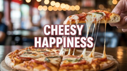 A delicious and cheesy pizza slice is pulled from the whole pie, showcasing the gooey melted mozzarella cheese stretching in a satisfying string.