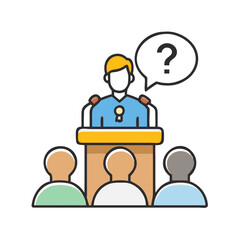 A journalist asking a bold and unexpected question during a press conference, representing an impertinent inquiry