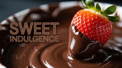 A single fresh strawberry is being dipped into rich, melted dark chocolate, symbolizing sweet indulgence and delectable dessert moments.